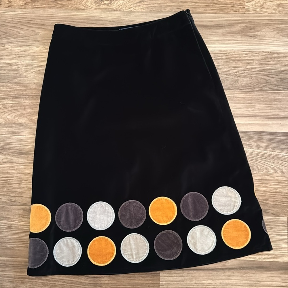 Boden Velvet Black Circle Appliqués Lined Side Zip Retro Funky Skirt 10 L
